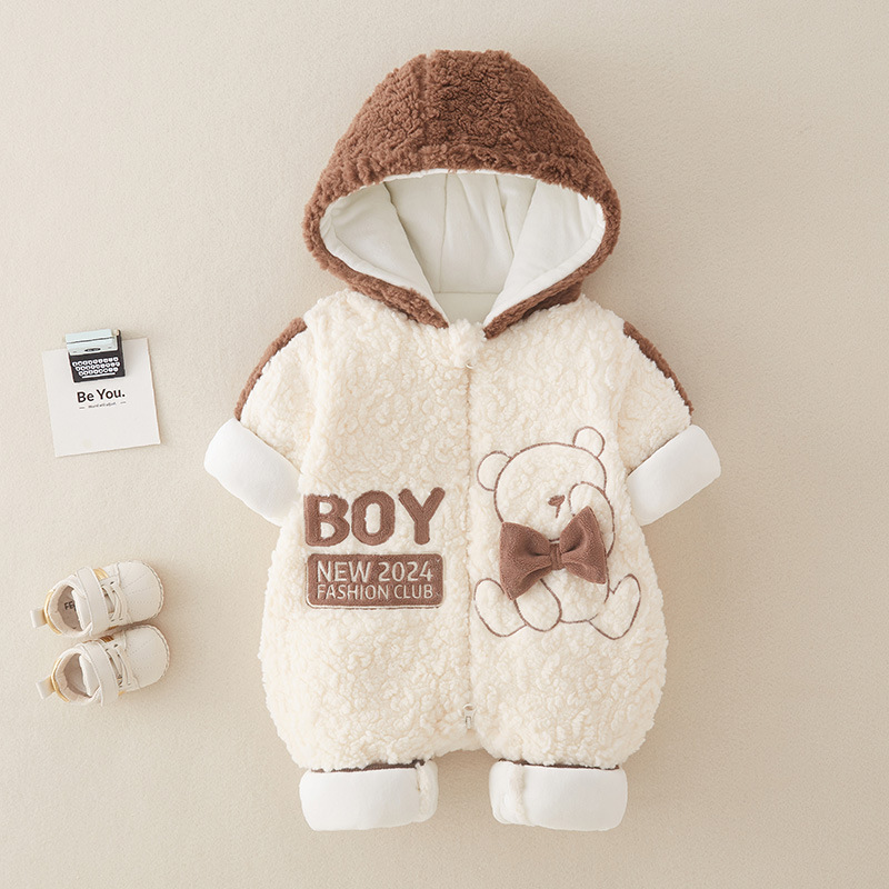 Baby Boy/Girl Winter Bear Tie Design Long Sleeve Thicken Fluff Hooded Romper -kissminis