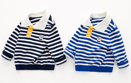 Toddler Boy/Girl Cute Bear Print Polo Collar Striped Long Sleeve Sweatshirt-kissminis