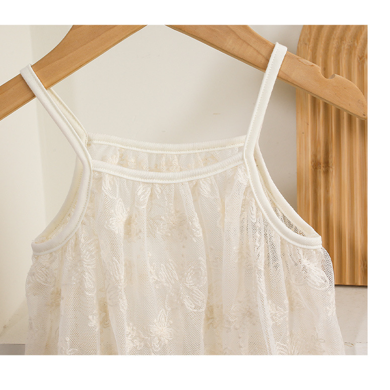 3pcs White Lace - detailed Sleeveless Top and Blue Denim Shorts Set