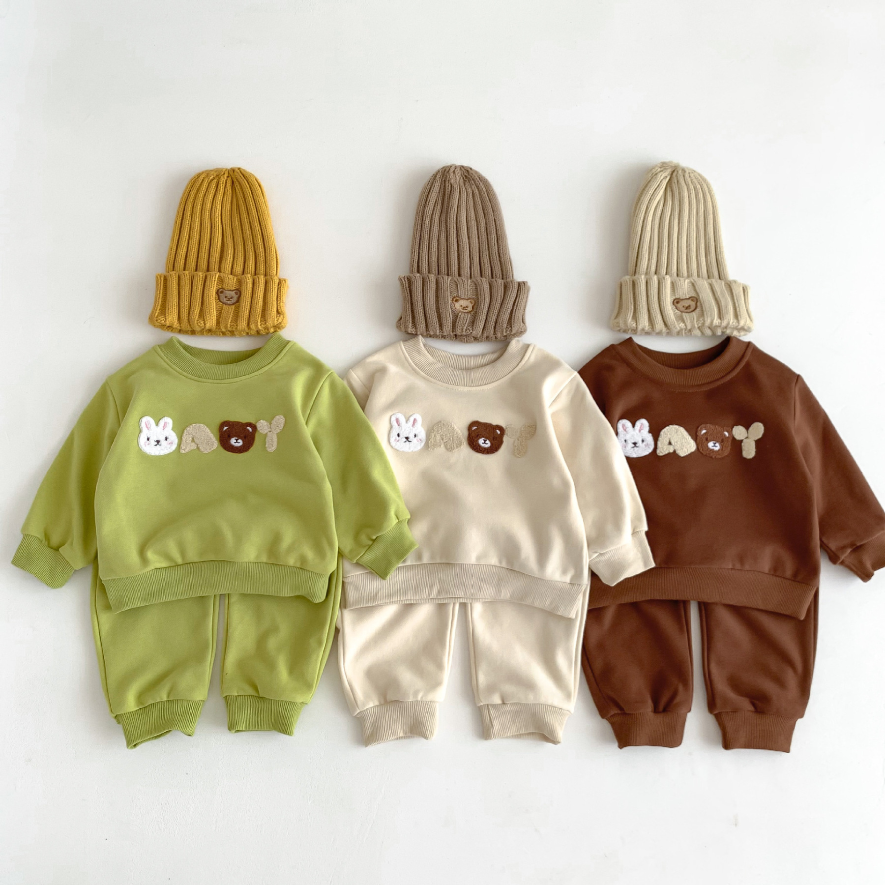 2pcs Baby Boy/Girl Crew Neck Bear and Rabbit Print Long Sleeve Sweatshirt with Pants Set-kissminis