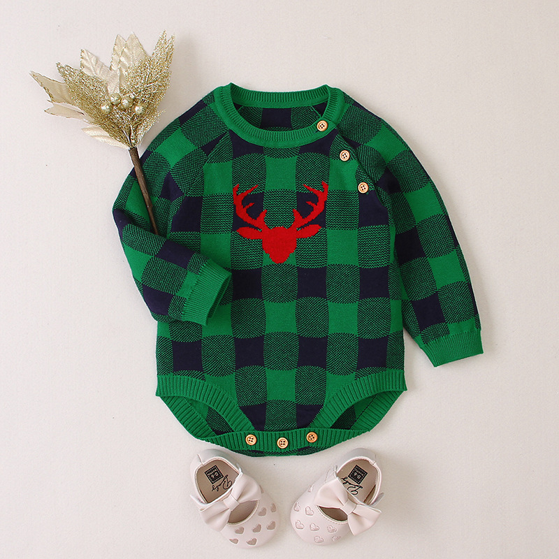 Baby Boy/Girl Christmas Style Elk Pattern Knitted Plaid Long Sleeve Bodysuit-kissminis