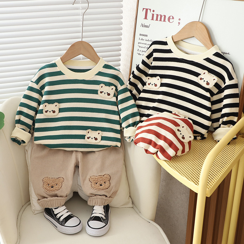 2pcs Toddler Striped and Bear Graphic Sweatshirt and Pant Set-kissminis