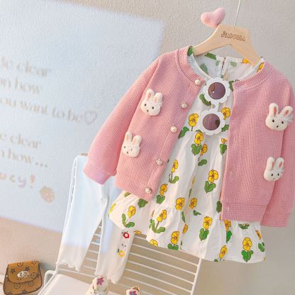 3pcs Cardigan +Dress+Knit Pants Baby Girl Rabbit and Floral Graphics