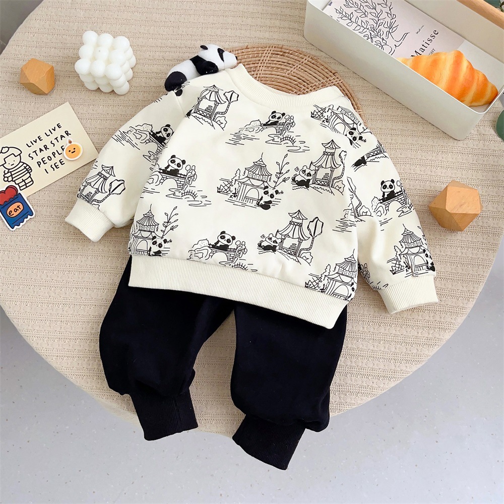Baby Boy/Girl Panda Doll and Print Long Sleeve Sweatshirt with Pants Set-kissminis