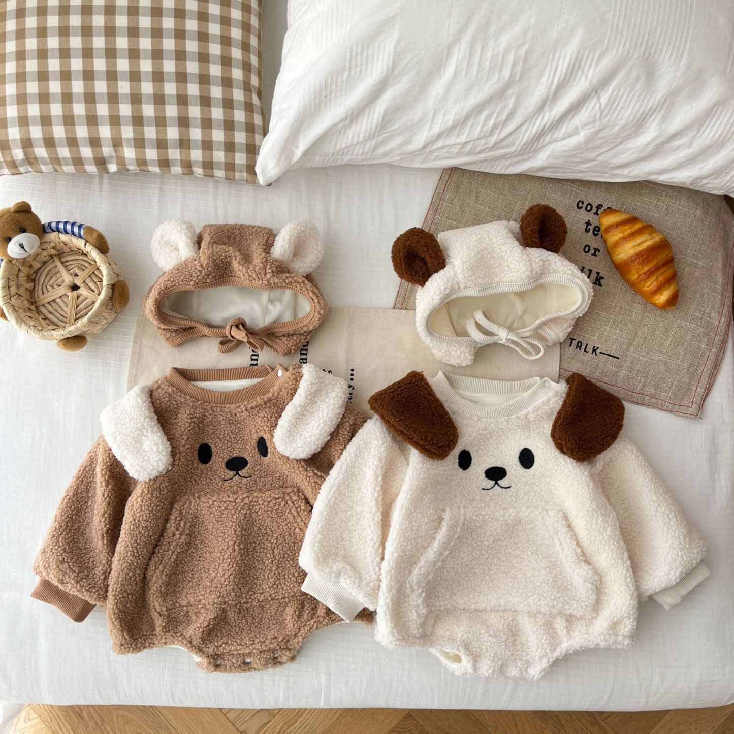 Baby Boy/Girl Cute Dog Design Long Sleeve Bodysuit and Hat Set-kissminis