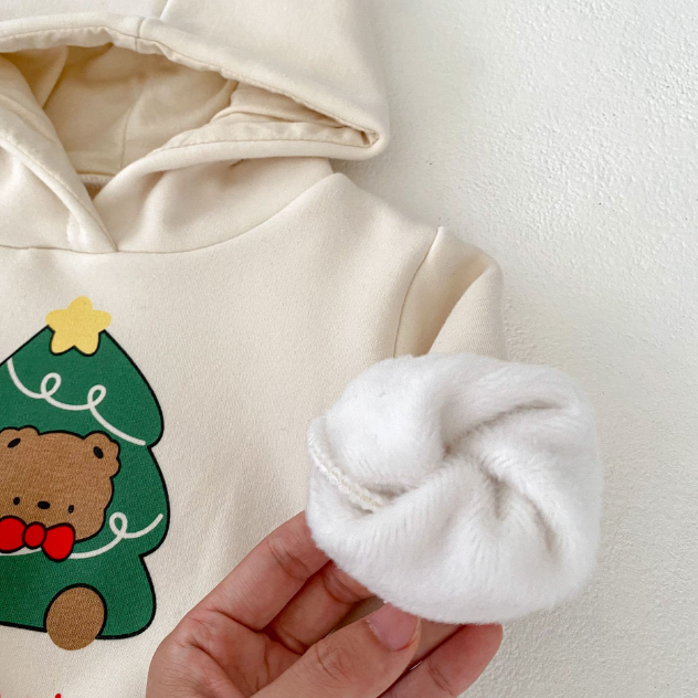 Bayby Toddler Girl Christmas Tree with Bear Print Long Sleeve Hooded Sweatshirt and Plaid Skirt-kissminis