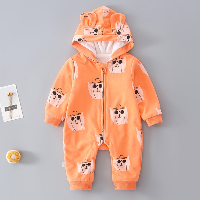 Baby Boy/Girl Winter Cute Cartoon Cat Pattern Hooded Romper-kissminis