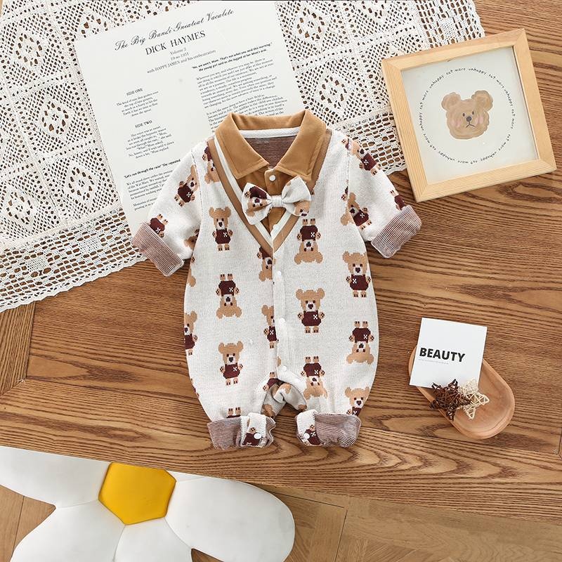 Baby Unisex Square Collar Bear Long Sleeve Romper