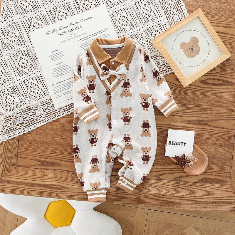Baby Unisex Square Collar Bear Long Sleeve Romper