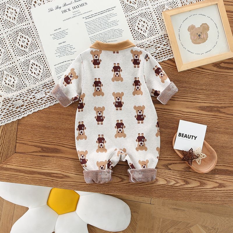 Baby Unisex Square Collar Bear Long Sleeve Romper