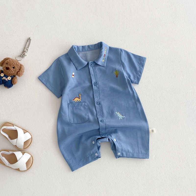 Baby Boy Embroidered Dinosaur Short Sleeve Romper