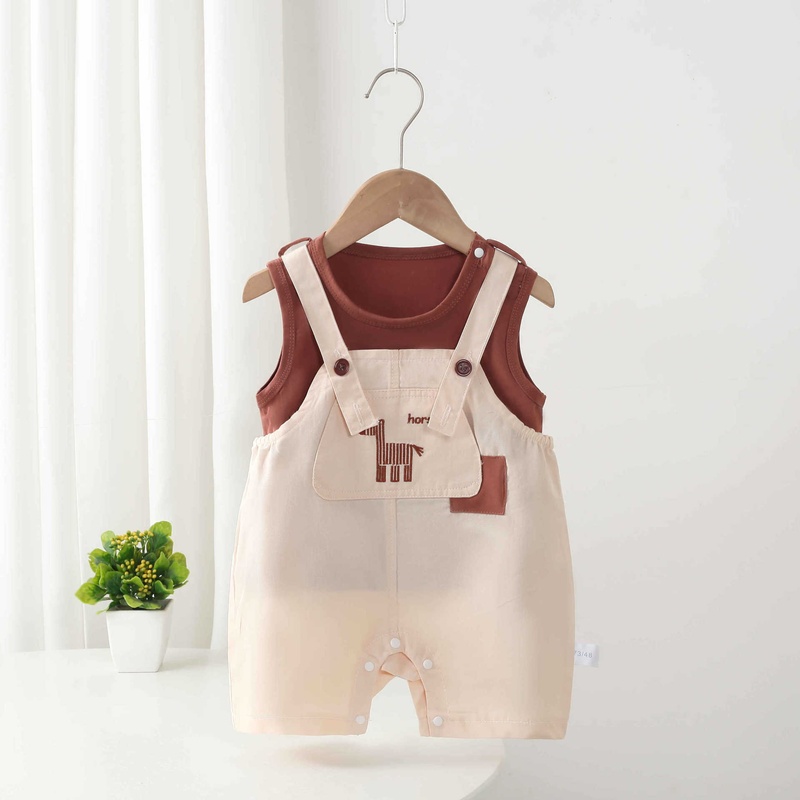 Baby Boy Coffee Pony Suspenders Sleeveless Romper Set
