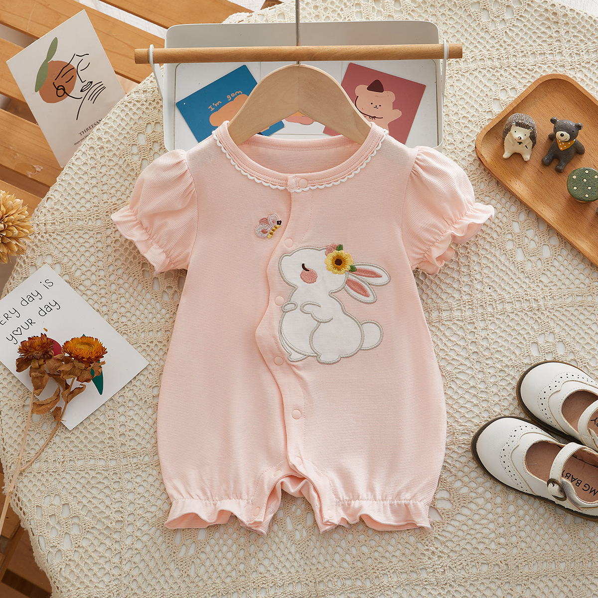 Bunny Embroidery and Ruffled Sleeves Baby Romper