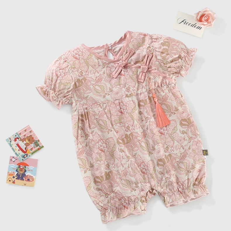 Floral Patterned Puffed Sleeves and Tassel Decoration Baby Romper