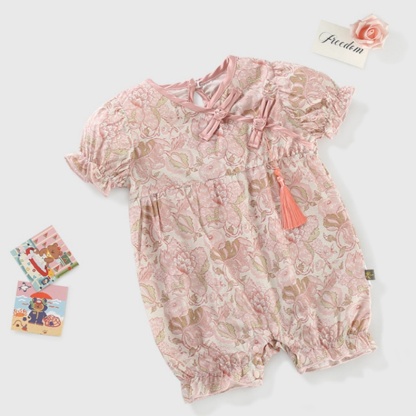 Floral Patterned Puffed Sleeves and Tassel Decoration Baby Romper