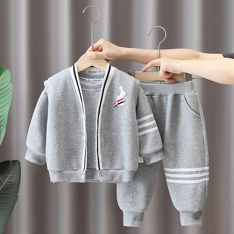 3pcs Toddler Boy Stripe Line Bunny Top and Pant Set