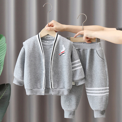 3pcs Toddler Boy Stripe Line Bunny Top and Pant Set