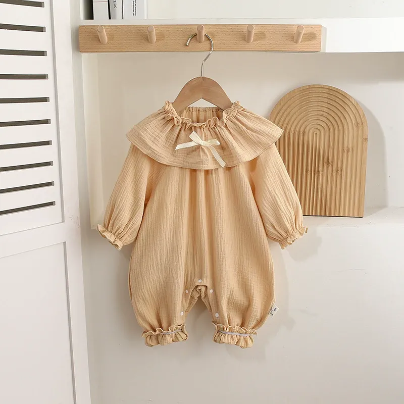 Baby Girls Ruffled Collar Cotton Yarn Rompers