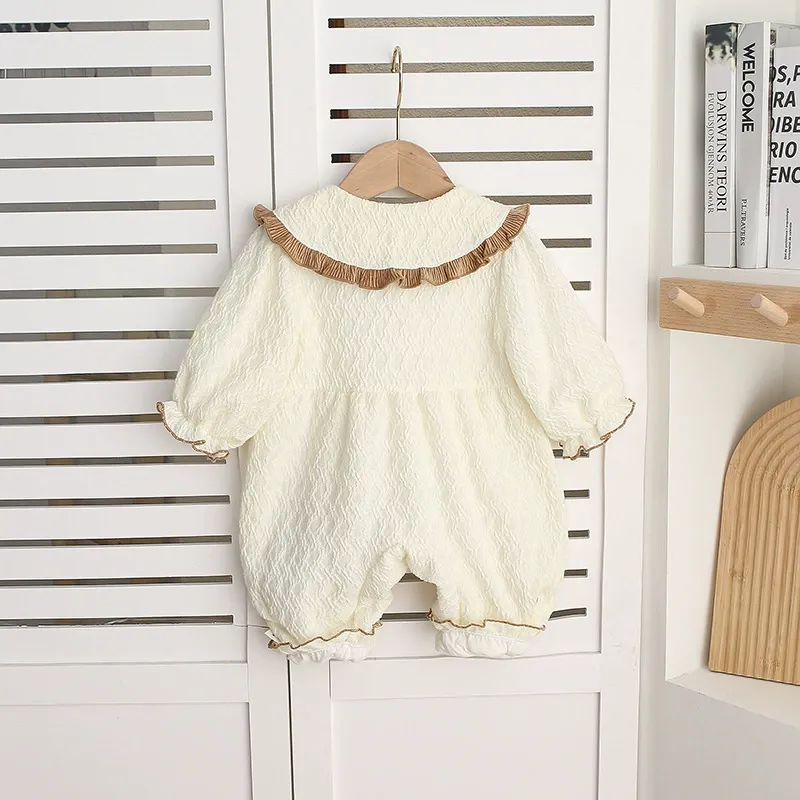 Baby Girl Brown Trimmed Collar and Bow Embroidery Romper
