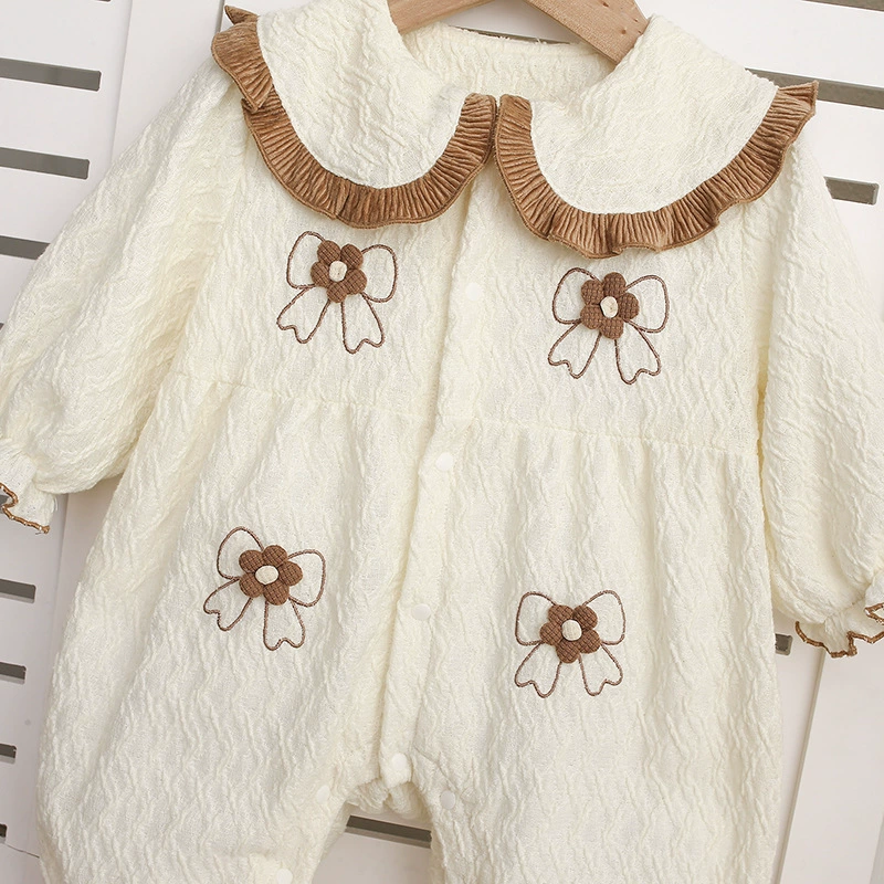 Baby Girl Brown Trimmed Collar and Bow Embroidery Romper