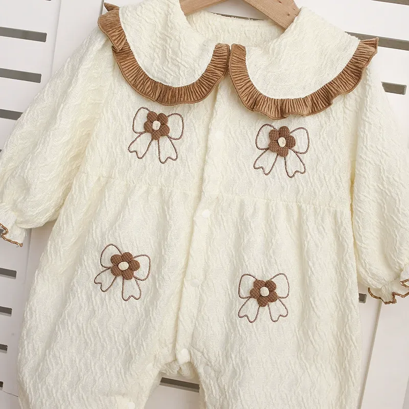 Baby Girl Brown Trimmed Collar and Bow Embroidery Romper