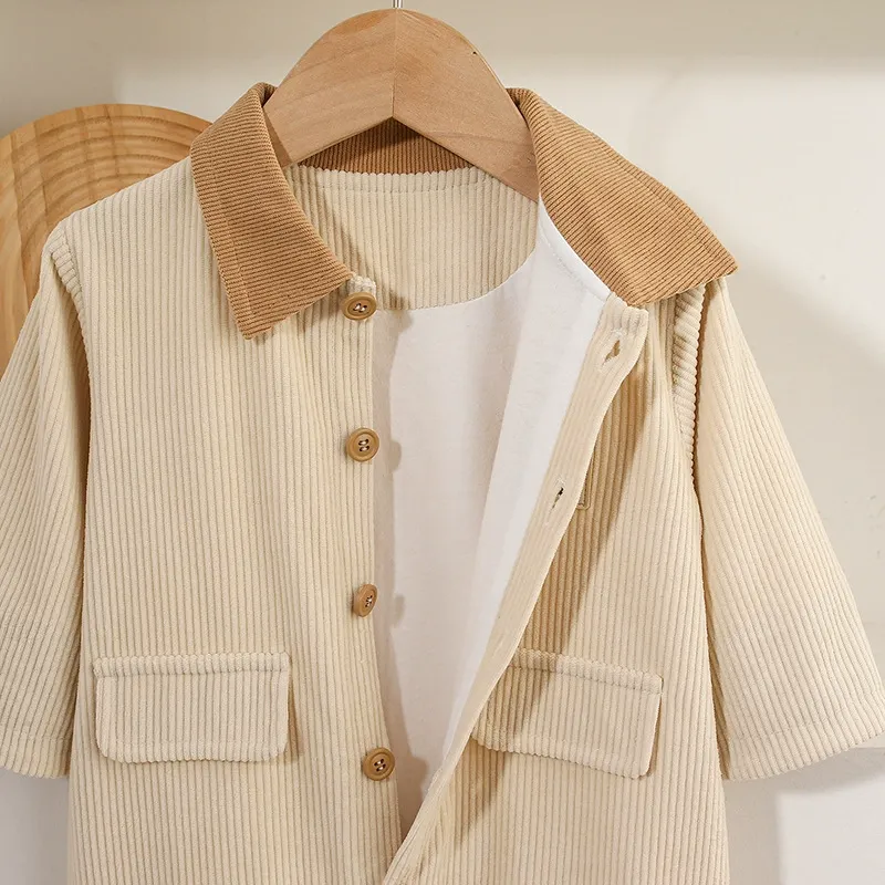 Brown Collar and Smile Emblem Corduroy Romper