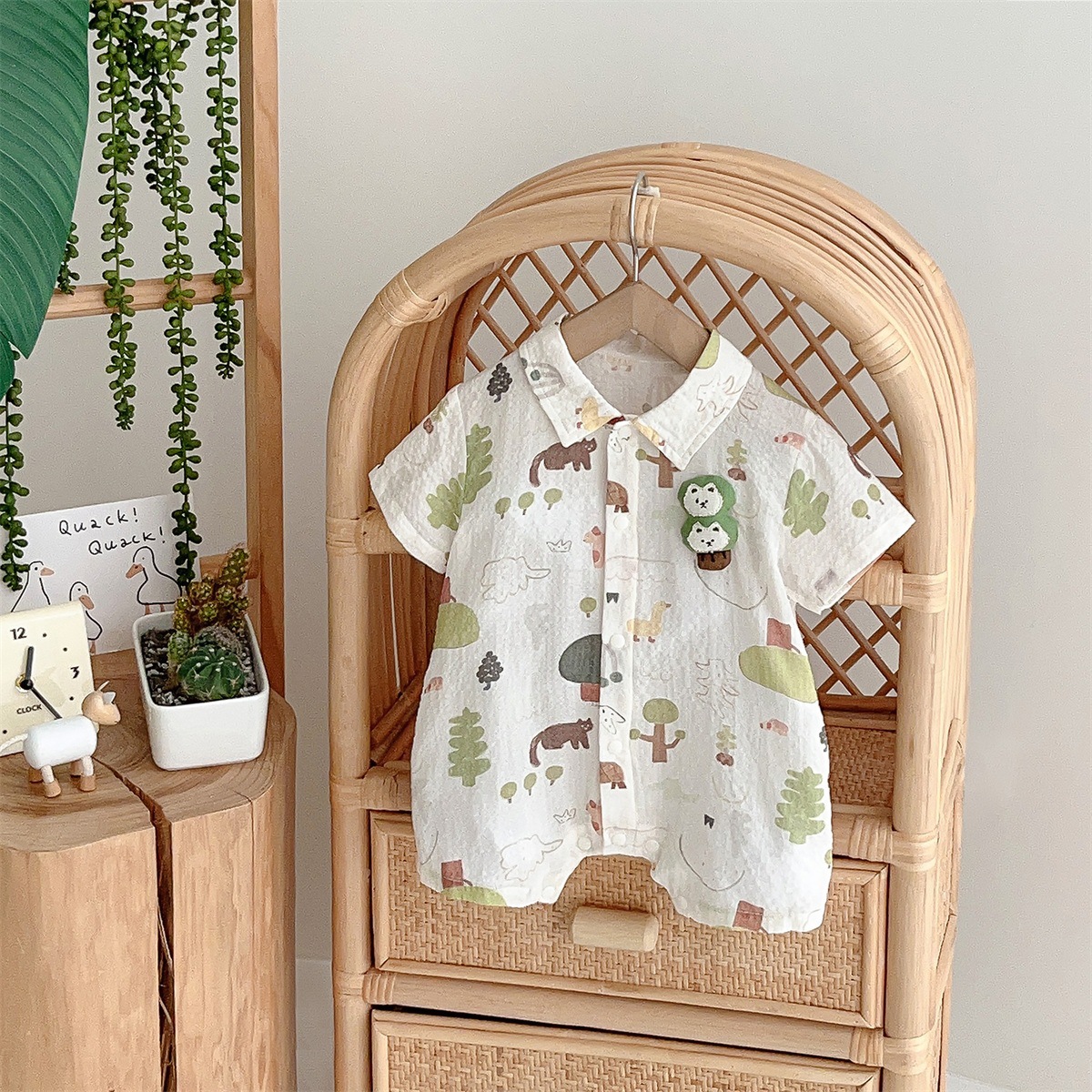 Animal and Plant Print and Plush Decoration Baby Romper
