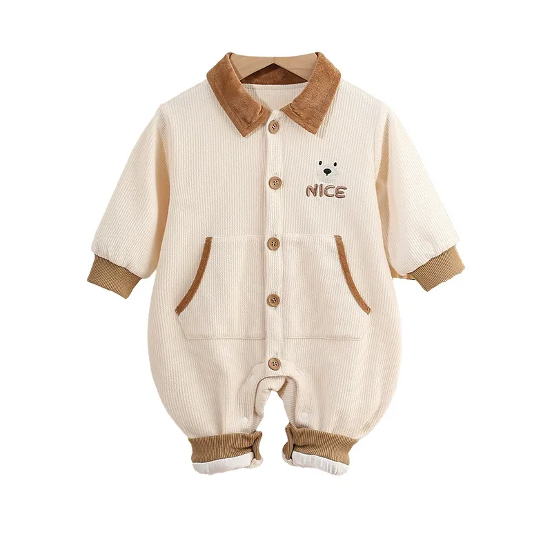 Brown Collar and "NICE" Embro idery Corduroy Romper