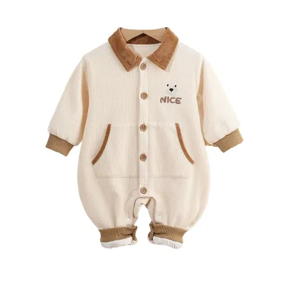 Brown Collar and "NICE" Embro idery Corduroy Romper