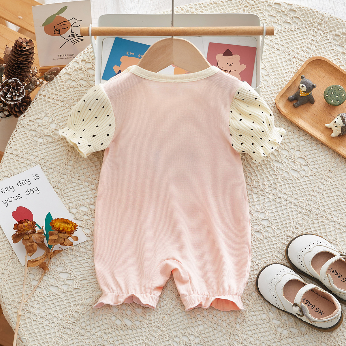 Fake Two-piece with Bunny Ear Straps Polka Dot Sleeves Romper