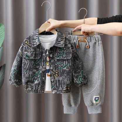 3pcs Toddler Boy Denim Bunny Print Top and Pant Set
