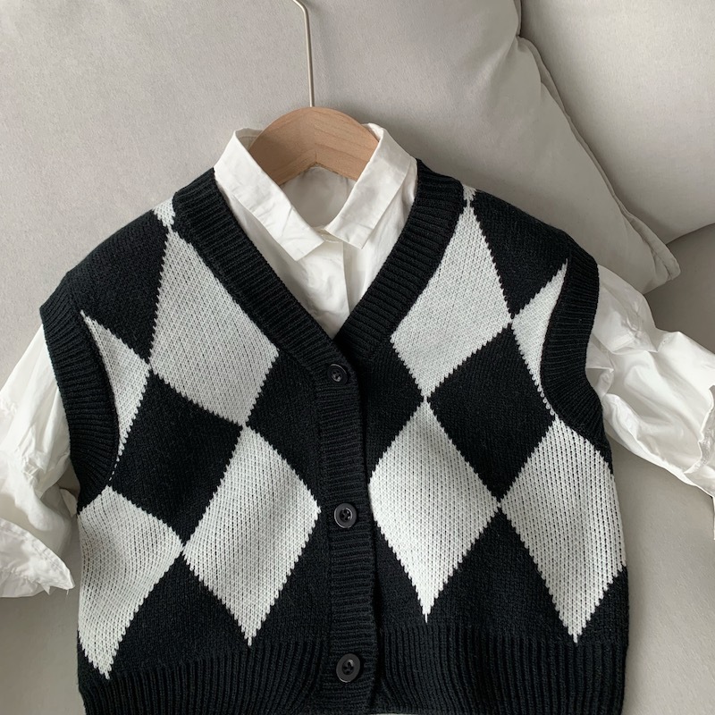 Baby V-Neck Pullover Black And White Check Vest