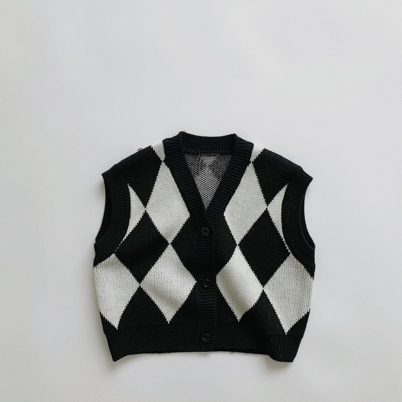 Baby V-Neck Pullover Black And White Check Vest