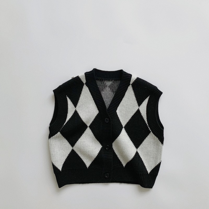 Baby V-Neck Pullover Black And White Check Vest