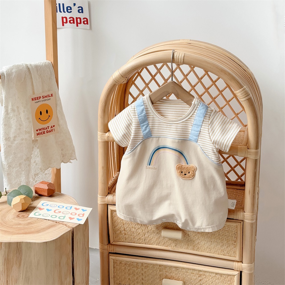Rainbow and Teddy Bear Design Fake Two-piece Baby Romper
