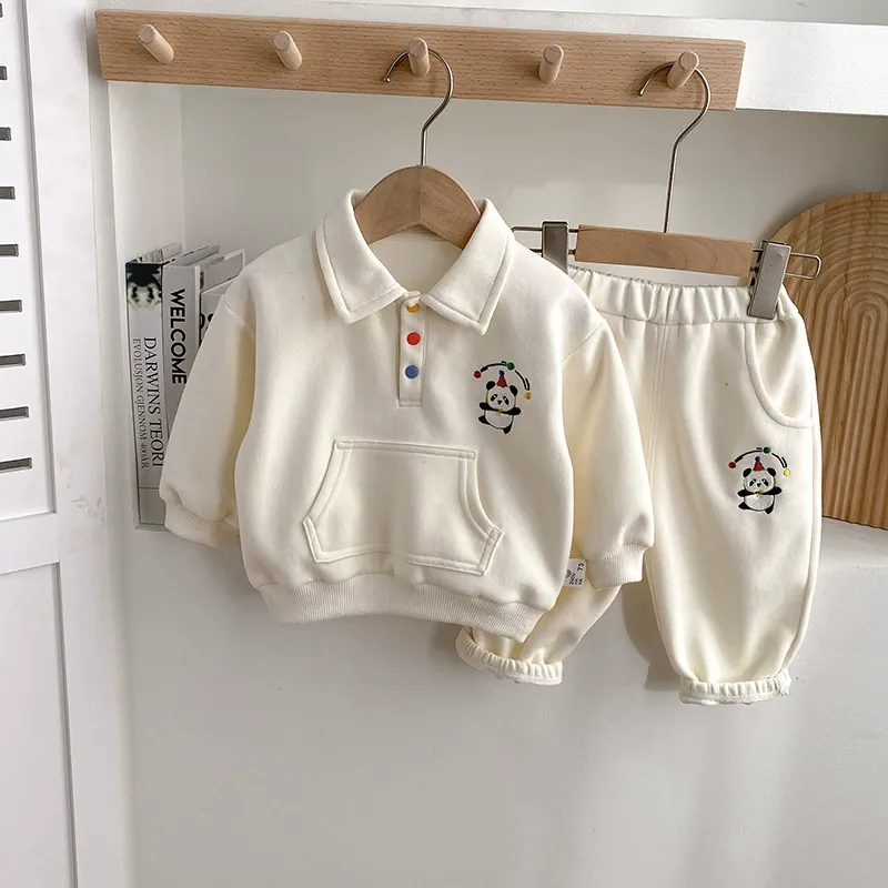 2pcs Panda Embroidered Polo Hoodie and Pants Set