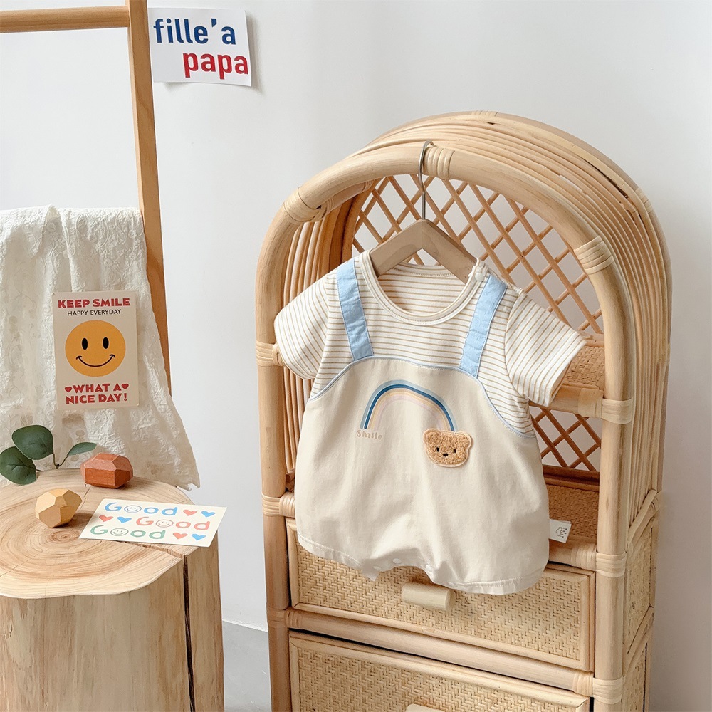 Rainbow and Teddy Bear Design Fake Two-piece Baby Romper