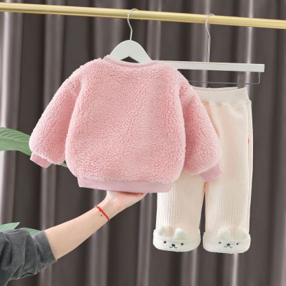 2pcs Toddler Gril Fluff Bear Top and Pant Set