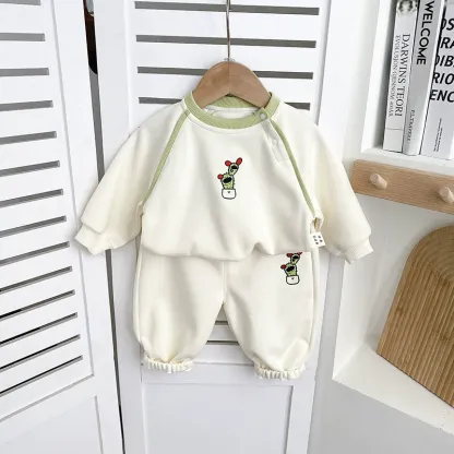 2pcs Green Trim and Cactus Embroidery Toddler Set