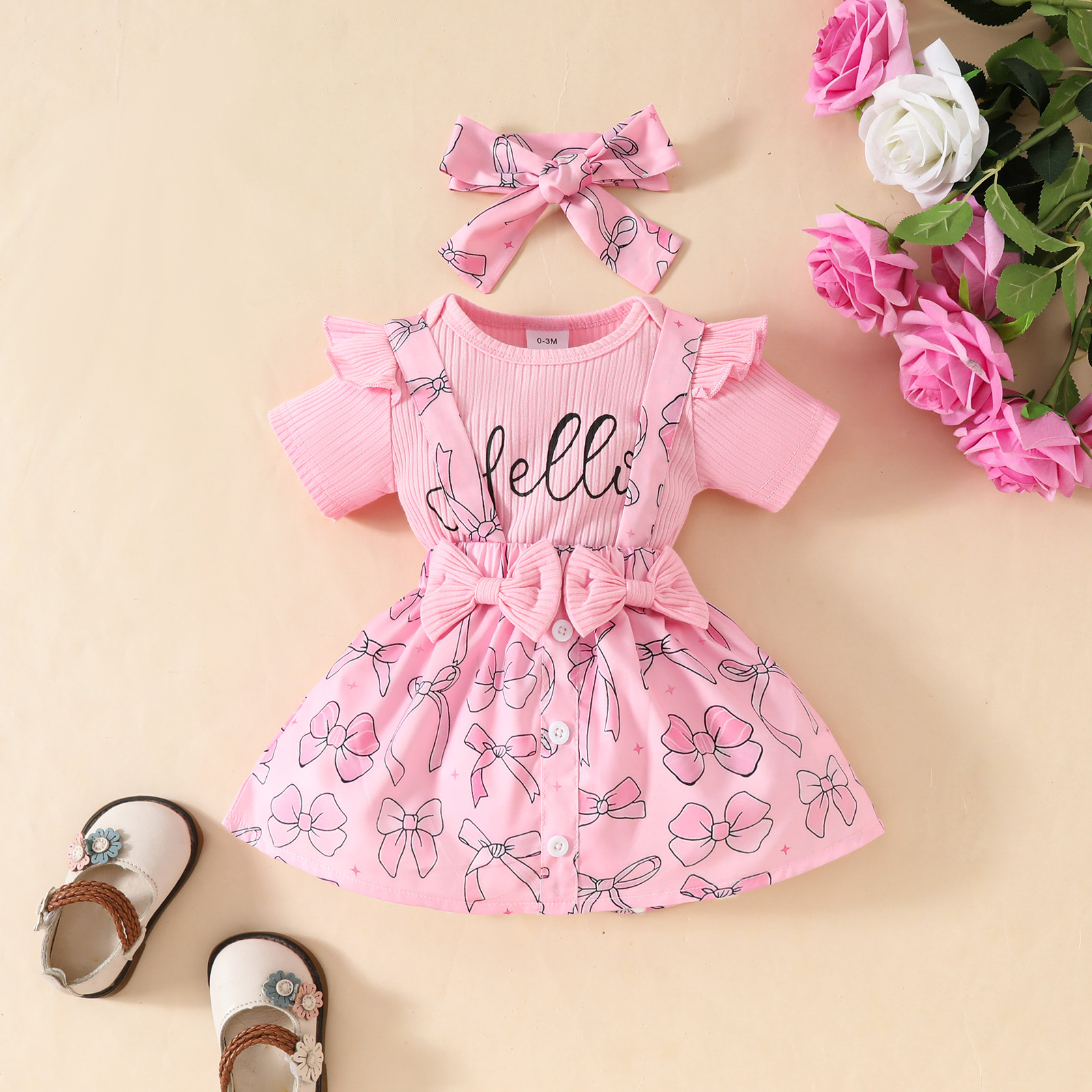 2pcs Baby Girl Letter Printed Bodysuit and Half Dress Set with Hairband