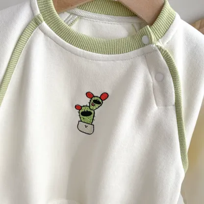2pcs Green Trim and Cactus Embroidery Toddler Set