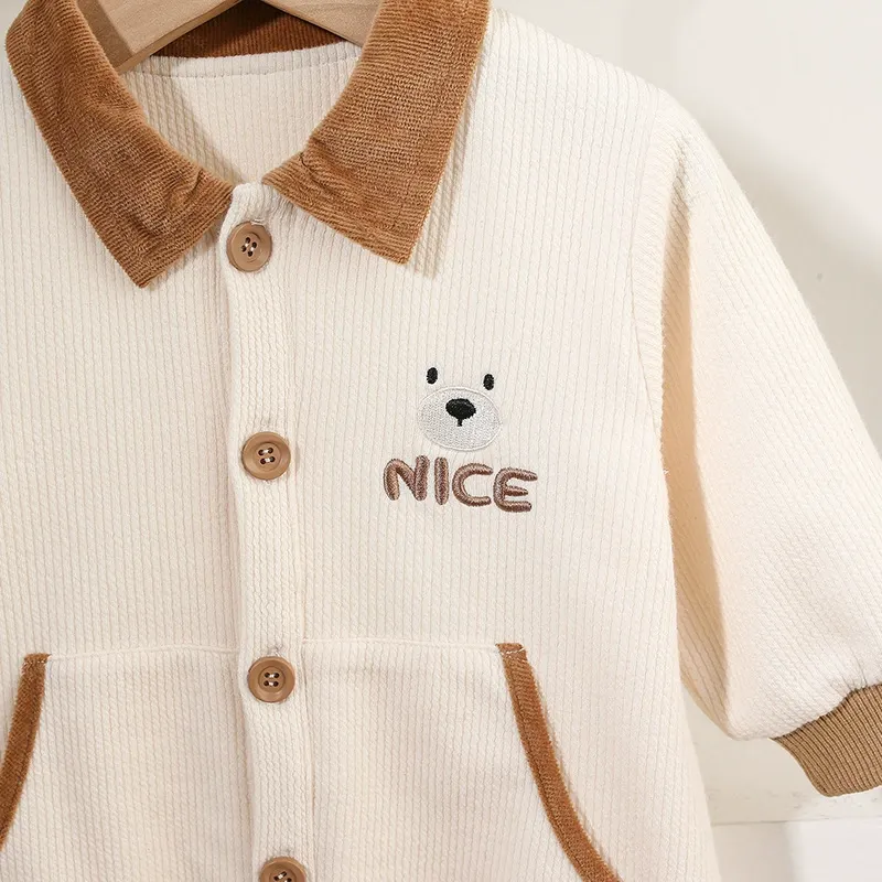 Brown Collar and "NICE" Embro idery Corduroy Romper