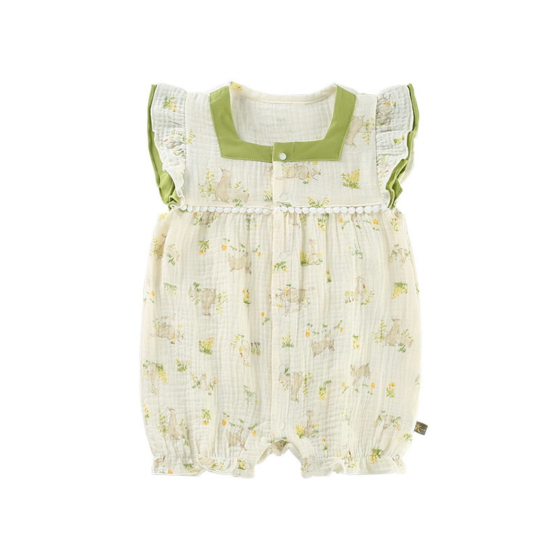 Elephant Print Green Collar and Ruffled Sleeves Baby Romper