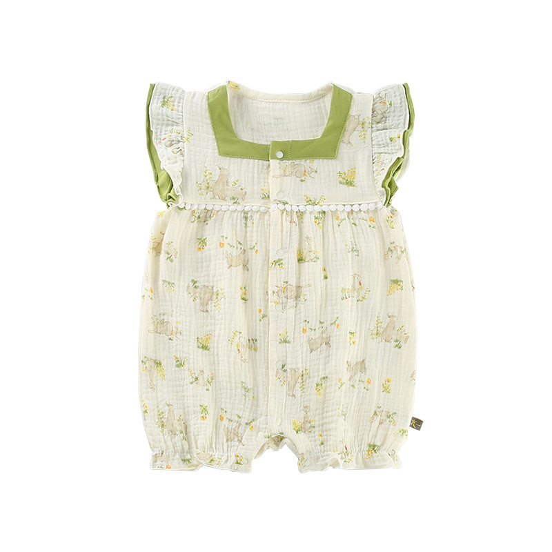 Elephant Print Green Collar and Ruffled Sleeves Baby Romper