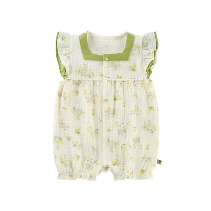 Elephant Print Green Collar and Ruffled Sleeves Baby Romper