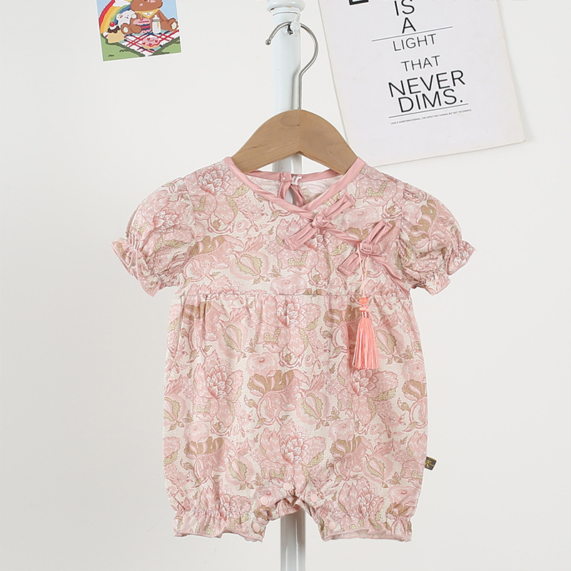 Floral Patterned Puffed Sleeves and Tassel Decoration Baby Romper