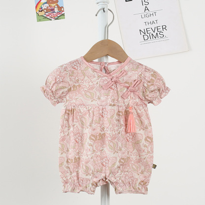 Floral Patterned Puffed Sleeves and Tassel Decoration Baby Romper