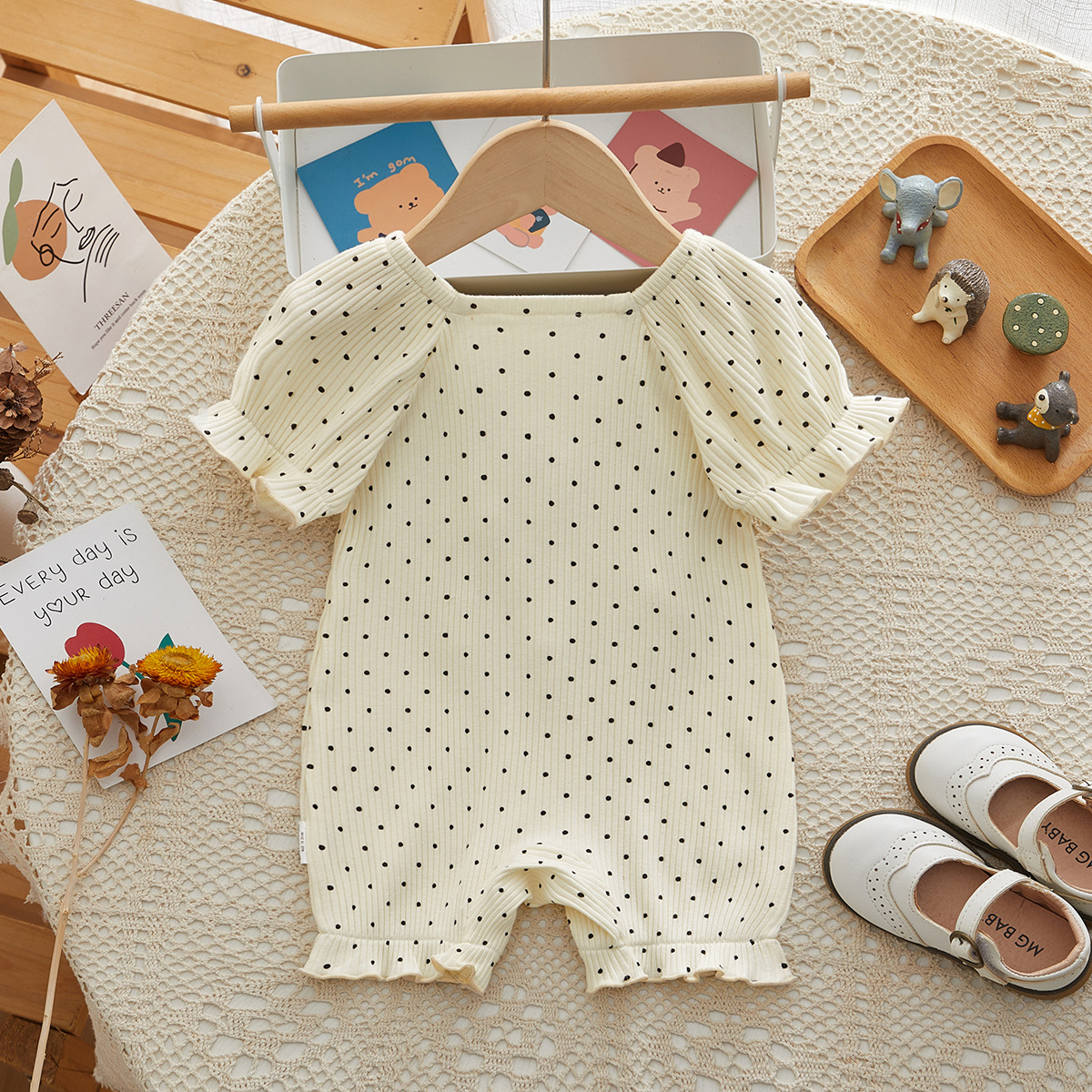 Polka Dots Crocheted Tulip and Heart - shaped Decoration Romper
