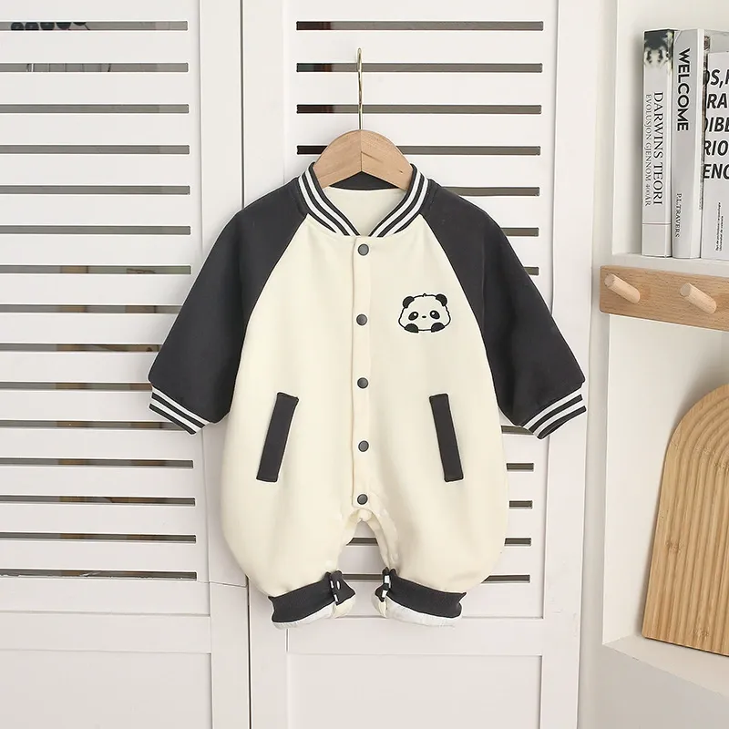 Baby Panda Embroidered Baseball Style Romper