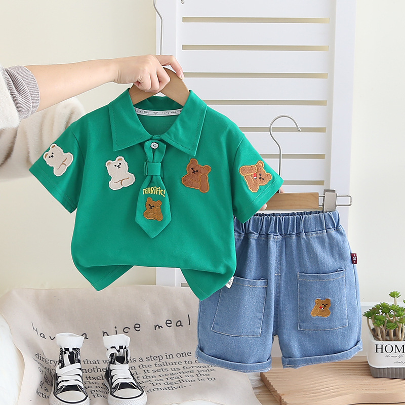 2pcs Bear Embroidery and Tie Detail Denim Shorts Set